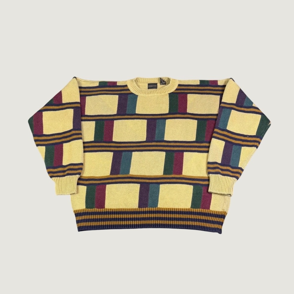 Vintage Structure Mens Large Geometric Block Knit Sweater Multicolor 90s Cotton